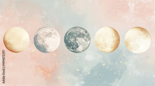 Five detailed moon phases in a row displaying new moon, waxing crescent, first quarter, full moon, and waning gibbous with pastel background suitable for astronomy