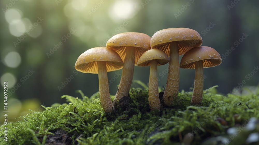 Fototapeta premium Cluster of Wild Mushrooms Growing on Mossy Log in Forest Environment