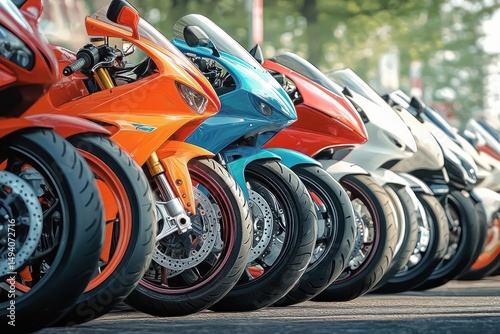Row of colorful sport motorcycles parked side by side on a sunny day with clear details of wheels and fairings