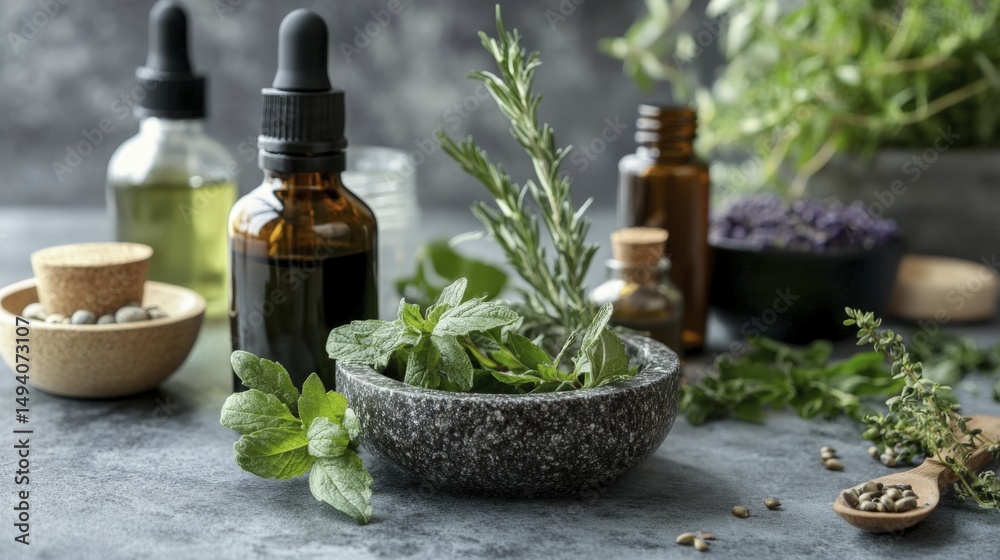 Alternative medicine preparation with essential oils and fresh herbs Alternative medicine preparation with essential oils and fresh herbs