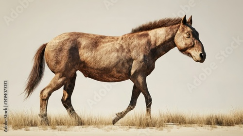 A realistic brown and black horse walking on grassy terrain with a neutral background, showcasing detailed features of the equine animal in a natural setting photo