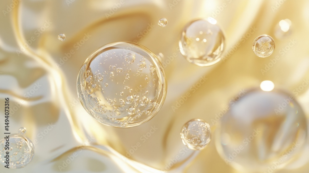 Fototapeta premium Liquid Capsules with Bubbles Against Golden Cream Surface