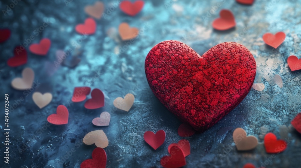 Obraz premium Textured Red Heart with Scattered Paper Hearts on Concrete Background