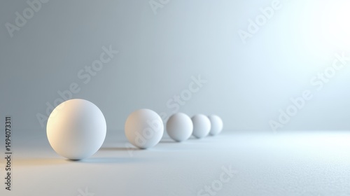 Group of White Spheres Aligned in Perspective on a Light Textured Surface