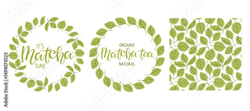 Abstract matcha green Tea backgrounds with leaves sketch and handwritten calligraphy lettering. Green drink backgrounds for bar, restaurant menu, party decor, beverage template, Label, wrappen papper.
