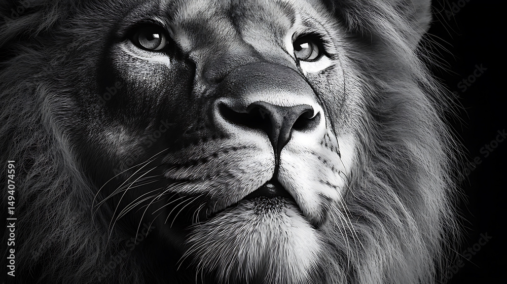 Naklejka premium Majestic closeup of African lion showcasing its powerful features and intense gaze, evoking sense of awe and respect