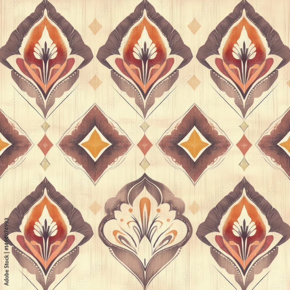 Seamless geometric floral pattern in warm earthy tones with diamond shapes and stylized flower motifs on a beige textured background Seamless geometric floral pattern in warm earthy tones with diamond shapes and stylized flower motifs on a beige textured background