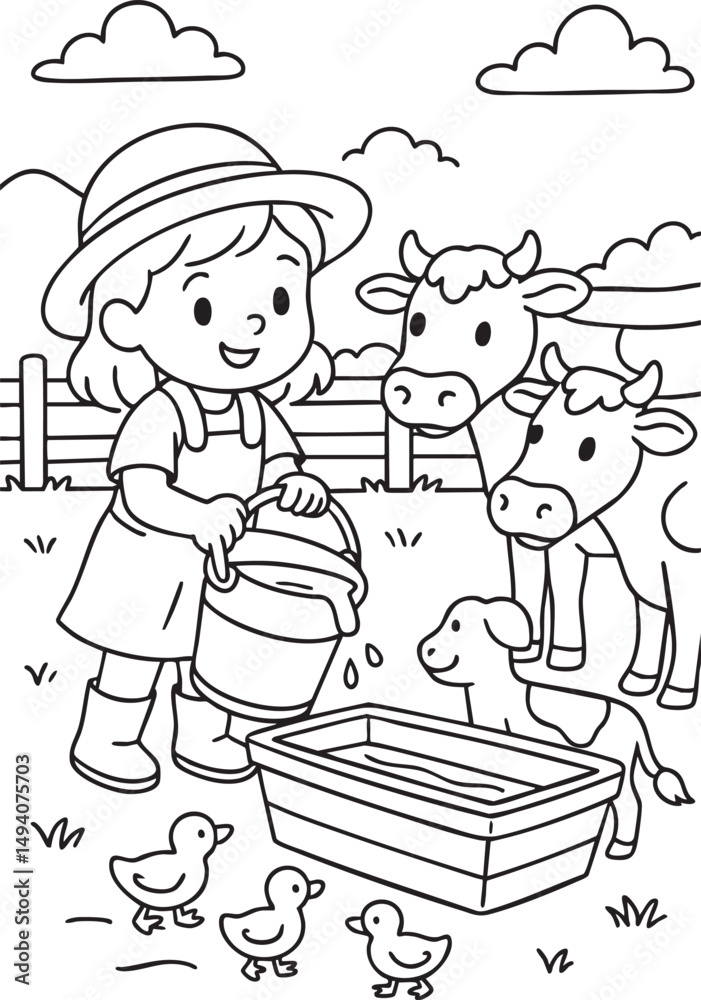Obraz premium Cartoon Farm Girl and Animal Friends – Black and White Coloring Sheet