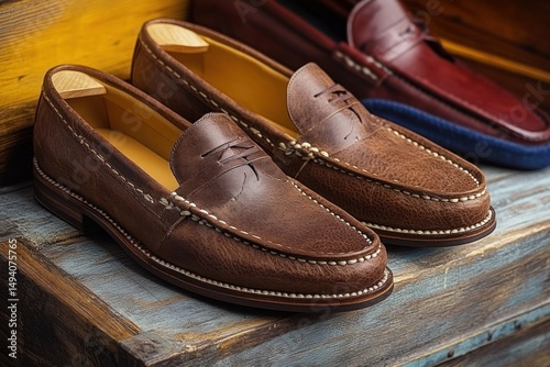 Close-up of three pairs of leather loafers in brown and burgundy shades displayed on a wooden surface, showcasing craftsmanship and style photo
