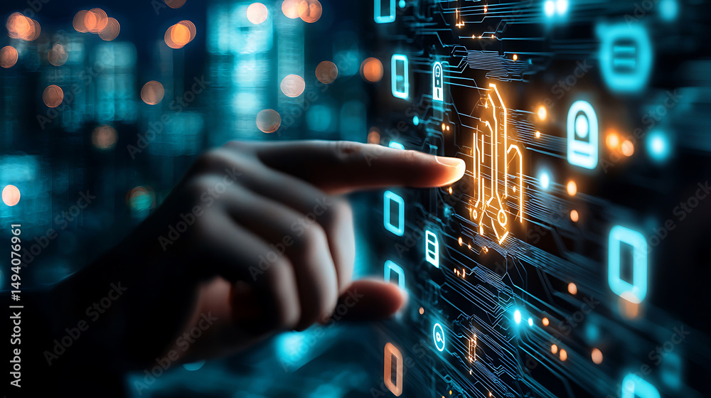 Digital transformation in technology, focusing on security and innovation, showcases hand interacting with glowing interface Digital transformation in technology, focusing on security and innovation, showcases hand interacting with glowing interface