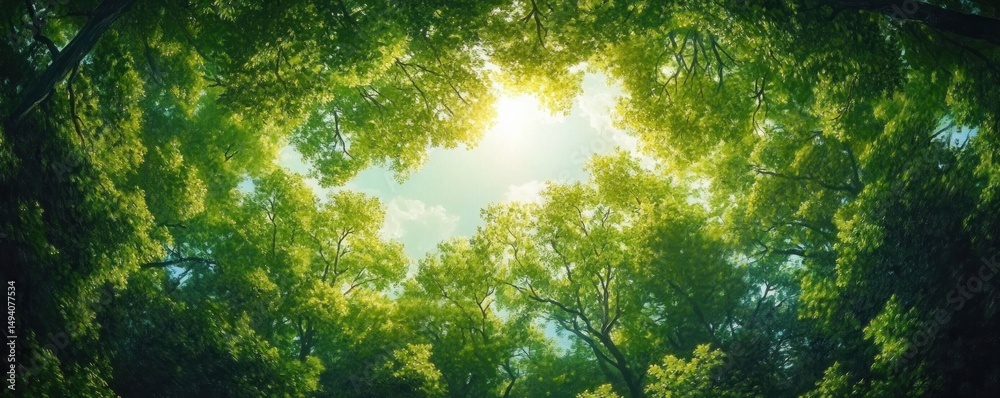 Sunlight shining through the lush green treetops of a forest forming a circular frame with a bright blue sky and scattered white clouds in the background, evoking a serene and peaceful atmosphere