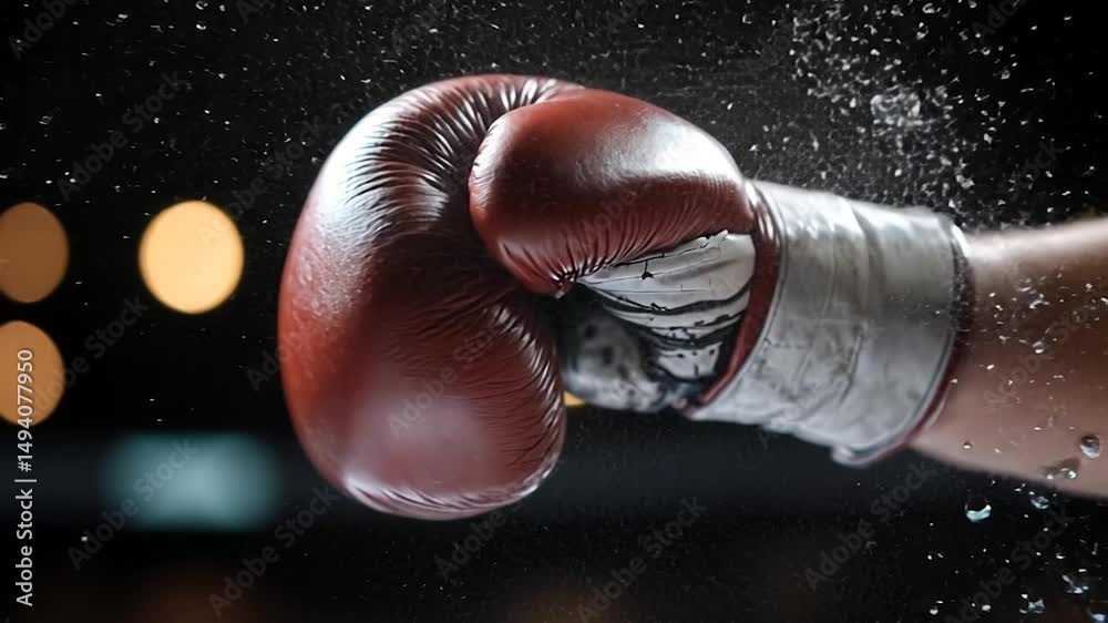 Close up of a red boxing glove hitting something creating a splash of white substance against a dark background. Motion blur emphasizes the action.
