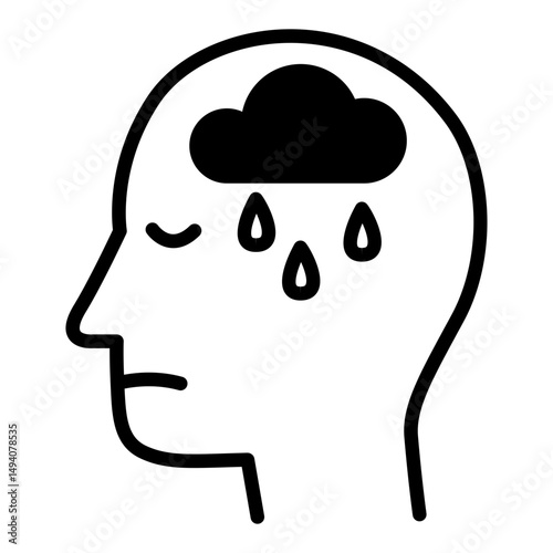 The head and rain icon symbolizes sadness. Stress icon. Overthinking icon. Mental illness icons