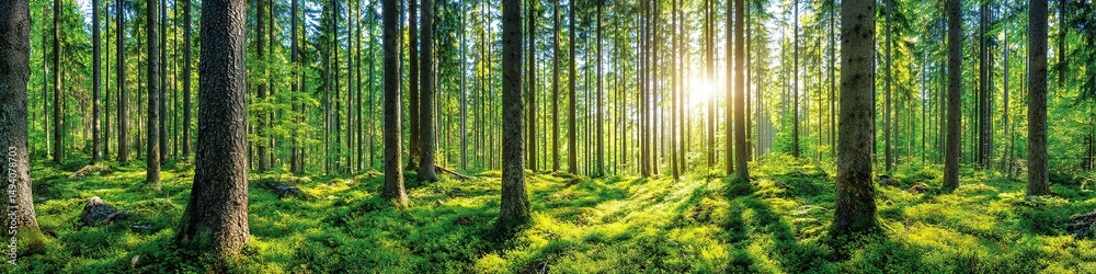 Obraz premium Sunlight Filtering Through Green Forest Trees