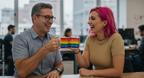Happy middle-aged Caucasian man and young Caucasian woman with vibrant pink hair joyfully toasting with rainbow pride mugs in a modern office setting, sharing a laugh.