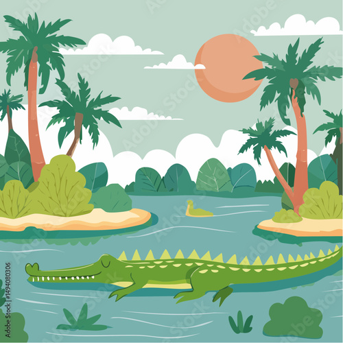 Vector Cartoon Image of Everglades Swamp Critters Amidst Tropical Foliage: Alligators