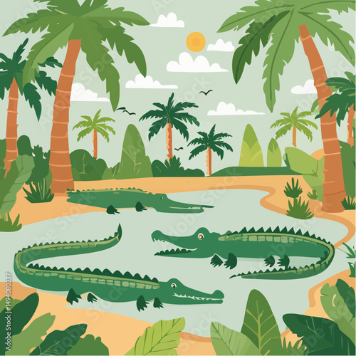 Vector Cartoon Image of Everglades Swamp Critters Amidst Tropical Foliage: Alligators