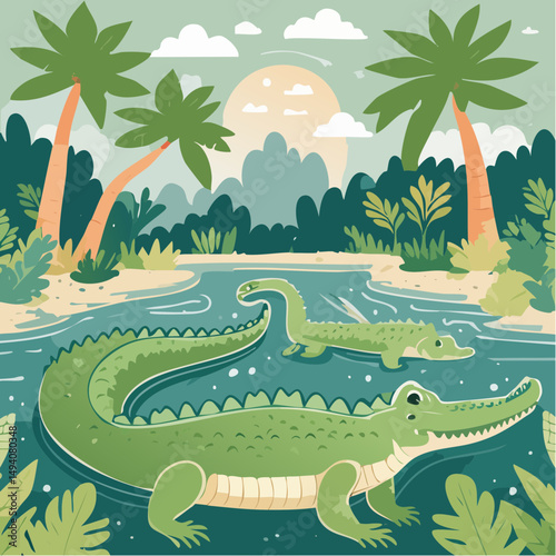 Vector Cartoon Image of Everglades Swamp Critters Amidst Tropical Foliage: Alligators