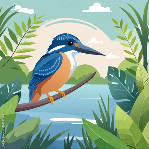 Vector Cartoon Image of Everglades Swamp Critters amidst Tropical Foliage: Belted Kingfisher