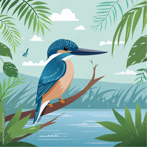 Vector Cartoon Image of Everglades Swamp Critters amidst Tropical Foliage: Belted Kingfisher
