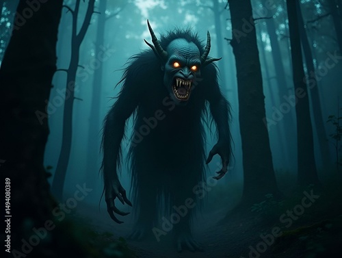 Creepy forest troll in a night forest background..