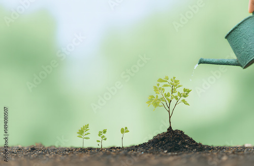 Gardener watering a young plant in a green outdoor setting during daylight hours