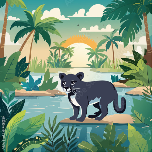 Vector Cartoon Image of Everglades Swamp Critters Amidst Tropical Foliage: Florida Panther
