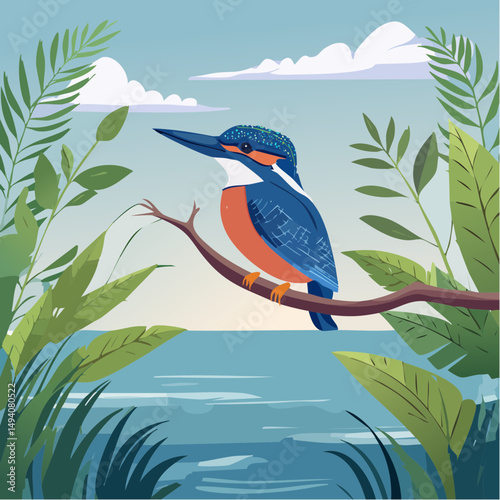 Vector Cartoon Image of Everglades Swamp Critters amidst Tropical Foliage: Belted Kingfisher