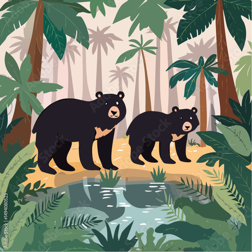 Vector Cartoon Image of Everglades Swamp Critters Amidst Tropical Foliage: Black Bears