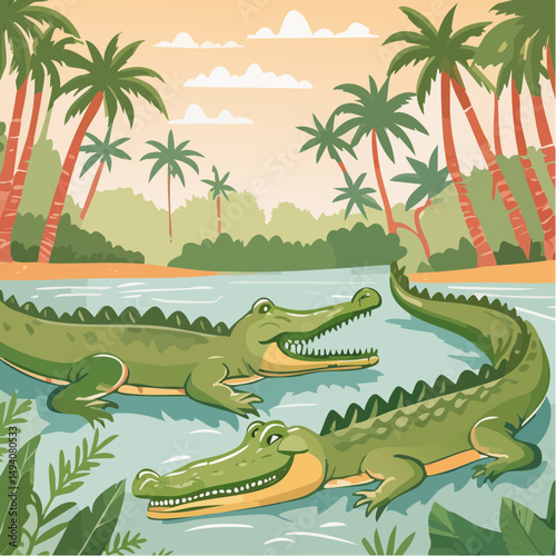 Vector Cartoon Image of Everglades Swamp Critters Amidst Tropical Foliage: Crocodiles