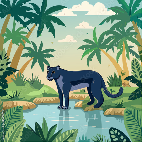 Vector Cartoon Image of Everglades Swamp Critters Amidst Tropical Foliage: Florida Panther