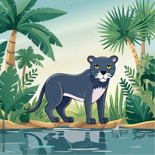 Vector Cartoon Image of Everglades Swamp Critters Amidst Tropical Foliage: Florida Panther