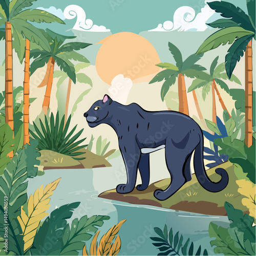 Vector Cartoon Image of Everglades Swamp Critters Amidst Tropical Foliage: Florida Panther