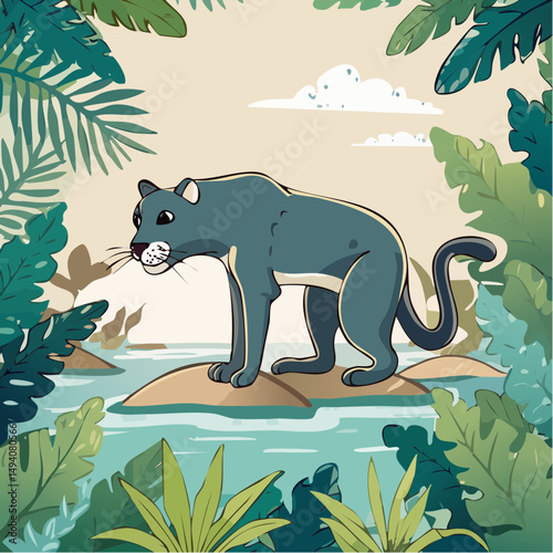 Vector Cartoon Image of Everglades Swamp Critters Amidst Tropical Foliage: Florida Panther