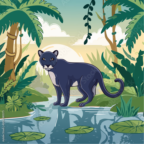 Vector Cartoon Image of Everglades Swamp Critters Amidst Tropical Foliage: Florida Panther