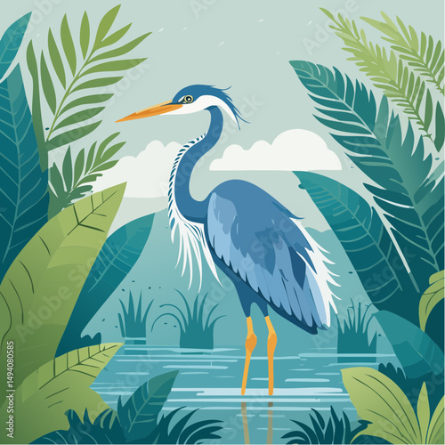 Vector Cartoon Image of Everglades Swamp Critters Amidst Tropical Foliage: Great Blue Heron