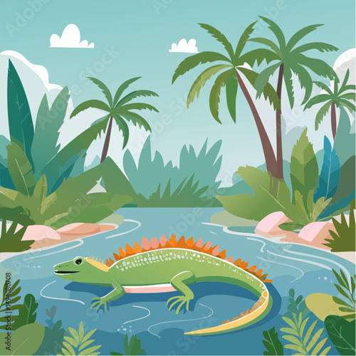 Vector Cartoon Image of Everglades Swamp Critters Amidst Tropical Foliage: Iguana