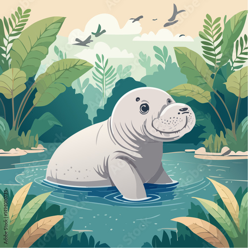 Vector Cartoon Image of Everglades Swamp Critters Amidst Tropical Foliage: Manatee