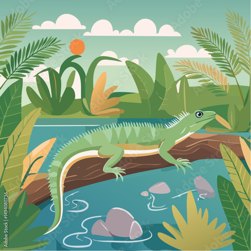 Vector Cartoon Image of Everglades Swamp Critters Amidst Tropical Foliage: Iguana