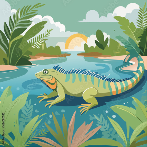 Vector Cartoon Image of Everglades Swamp Critters Amidst Tropical Foliage: Iguana