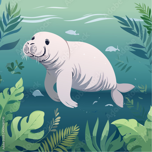 Vector Cartoon Image of Everglades Swamp Critters Amidst Tropical Foliage: Manatee