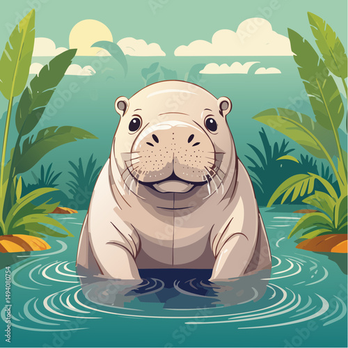 Vector Cartoon Image of Everglades Swamp Critters Amidst Tropical Foliage: Manatee