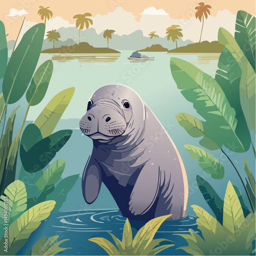 Vector Cartoon Image of Everglades Swamp Critters Amidst Tropical Foliage: Manatee