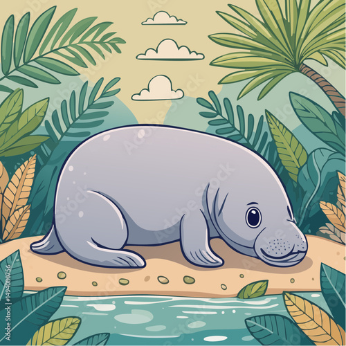 Vector Cartoon Image of Everglades Swamp Critters Amidst Tropical Foliage: Manatee