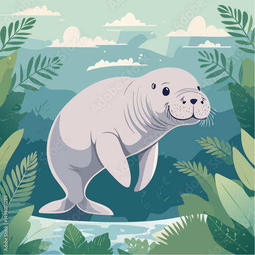 Vector Cartoon Image of Everglades Swamp Critters Amidst Tropical Foliage: Manatee
