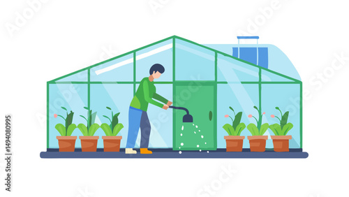 faceless character watering plants in a greenhouse