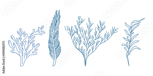 Marine elements doodle style set in blue la dolce vita. Italian style. Undersea world. Menu design of postcard and poster. Vector illustration.