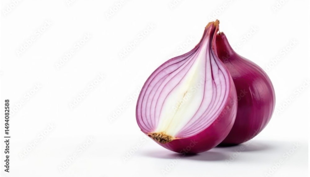 Fototapeta premium Half-cut red onion, showing layers, bright white backdrop, white background, ingredient