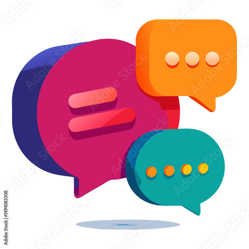 Three overlapping, colorful 3D speech bubbles, one with ellipses and another with lines, symbolizing conversation, chat, and communication.