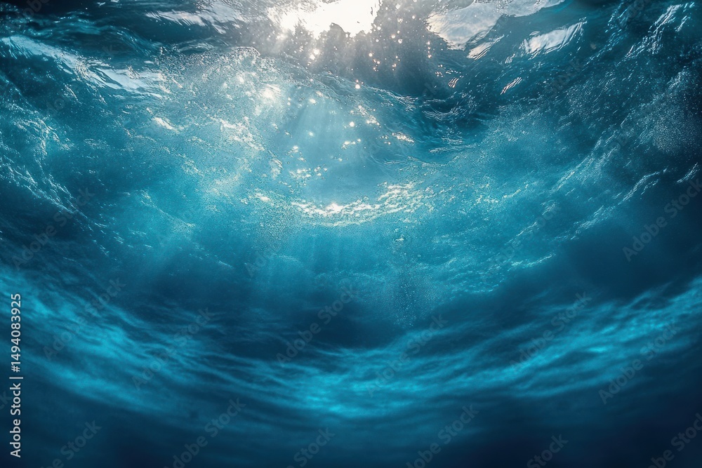Fototapeta premium Underwater view looking up towards sunlight through clear, rippling ocean water with shimmering reflections and bubbles